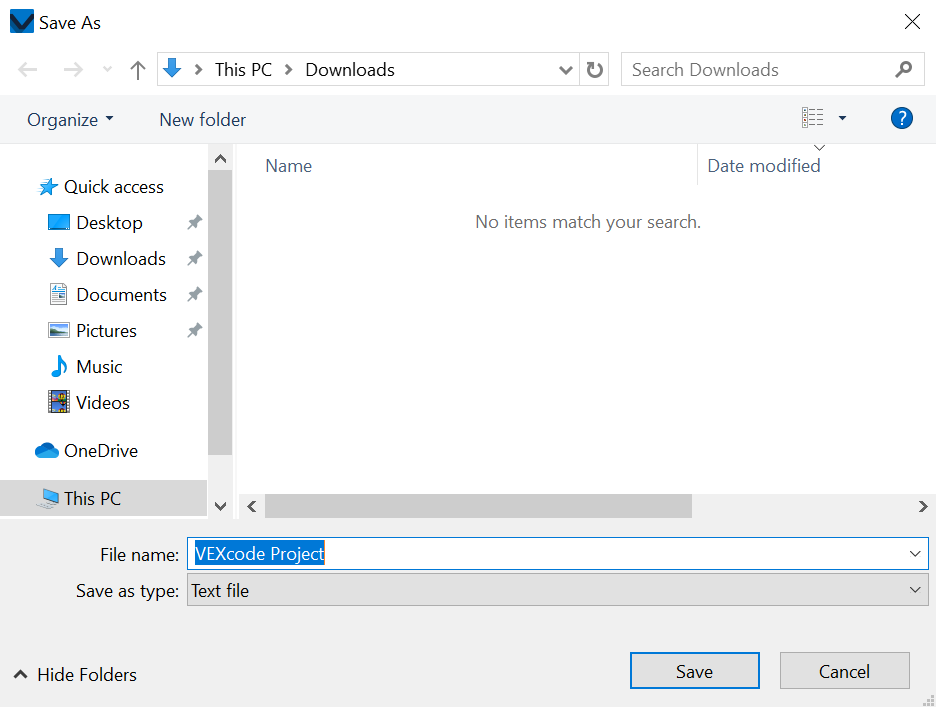 Windows device Save As Dialog window open, showing the project name at the bottom and locations in a menu to the left.