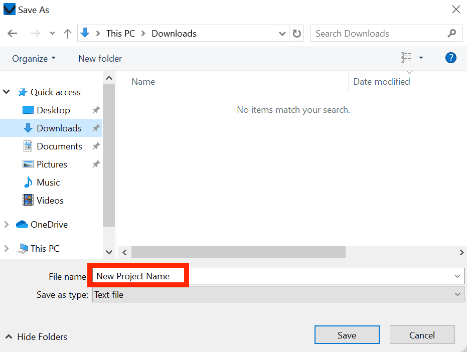 Windows device Save As menu with New Project Name written in the project name dialog on the bottom, highlighted in red.