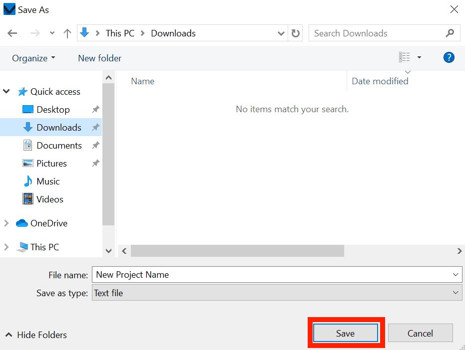 Windows device Save As Dialog menu with the Save button in the lower right highlighted in red.