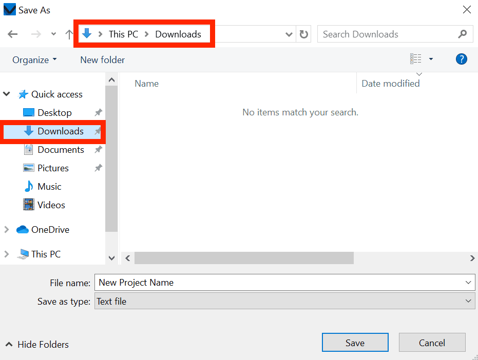 Windows device Save As dialog window with the location Downloads selected from the location list on the left and showing in the location bar across the top. Both are highlighted in red to show that Downloads is selected.