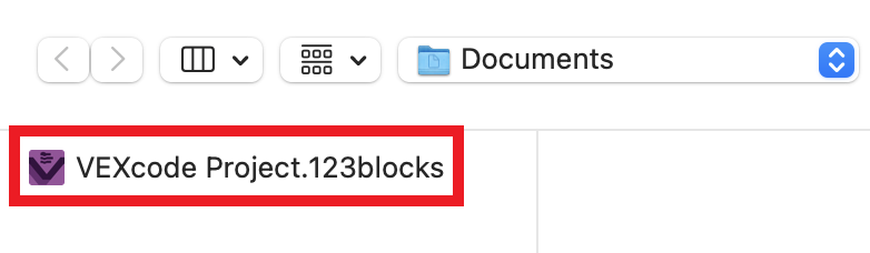 Le projet VEXcode 123 précédemment enregistré est visible à partir des fichiers de l'appareil et est mis en surbrillance.