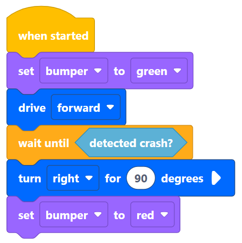 Projet de blocs VEXcode GO avec des blocs de plusieurs catégories pour présenter le schéma de couleurs par défaut.