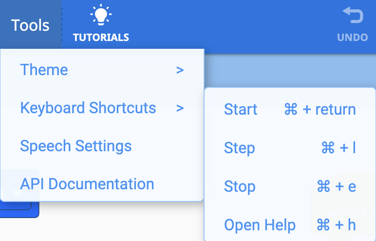 Barre d’outils VEXcode 123 avec le menu Outils ouvert et l’option Raccourcis clavier sélectionnée. Les raccourcis clavier disponibles sont affichés dans un deuxième menu déroulant à droite, avec 4 options qui incluent Démarrer, Étape, Arrêter et Ouvrir l'aide. Chaque option a un raccourci clavier correspondant. Le raccourci clavier Démarrer est la touche Commande avec la touche Retour, le raccourci clavier Étape est la touche Commande avec la touche L, le raccourci clavier Arrêter est la touche Commande avec la touche E et enfin le raccourci clavier Ouvrir l'aide est la touche Commande avec la touche H.
