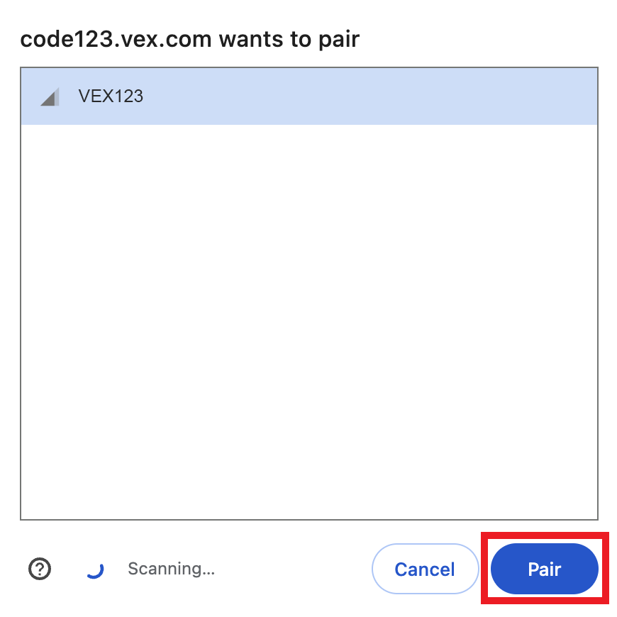 Dialogue box open to select the 123 Robot to connect to. The robot has been selected and the Pair button below is highlighted.