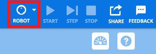 VEXcode 123 Toolbar with the Robot icon called out in a red box, to the left of the Start button.
