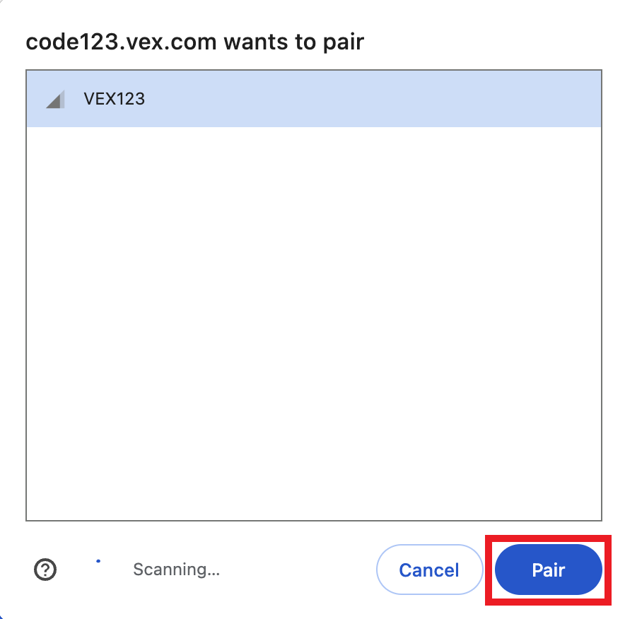 Dialogue box open to select the 123 Robot to connect to. The robot has been selected and the Pair button below is highlighted.