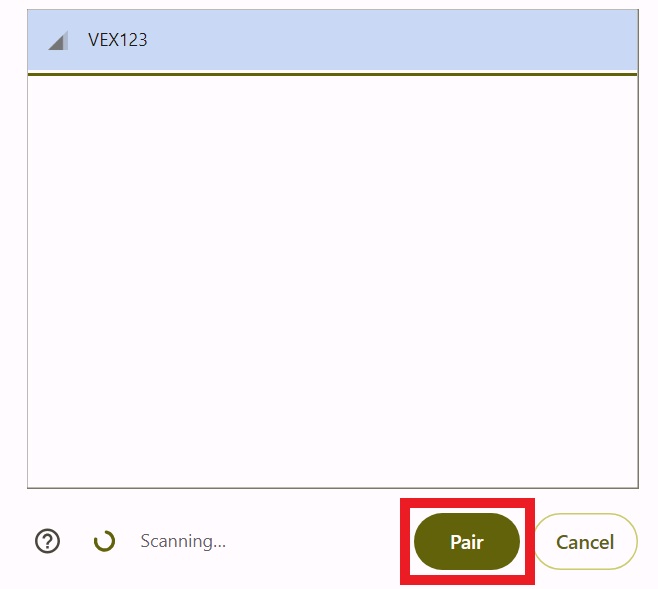 Dialogue box open to select the 123 Robot to connect to. The robot has been selected and the Pair button below is highlighted.