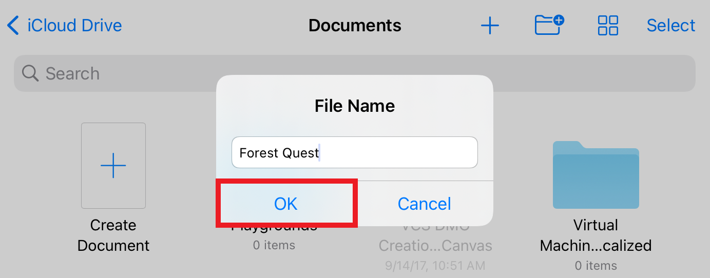Save As menu of the iPad with a File Name prompt. The name Forest Quest has been entered into the prompt and the OK button is highlighted.