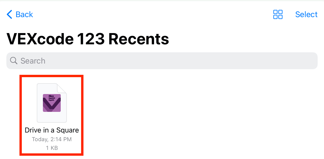 Previously saved VEXcode 123 project is visible from the device's files and is highlighted.