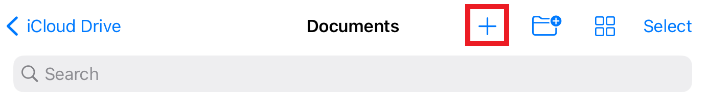 Save As menu of the iPad, with the + button at the top of the screen highlighted.
