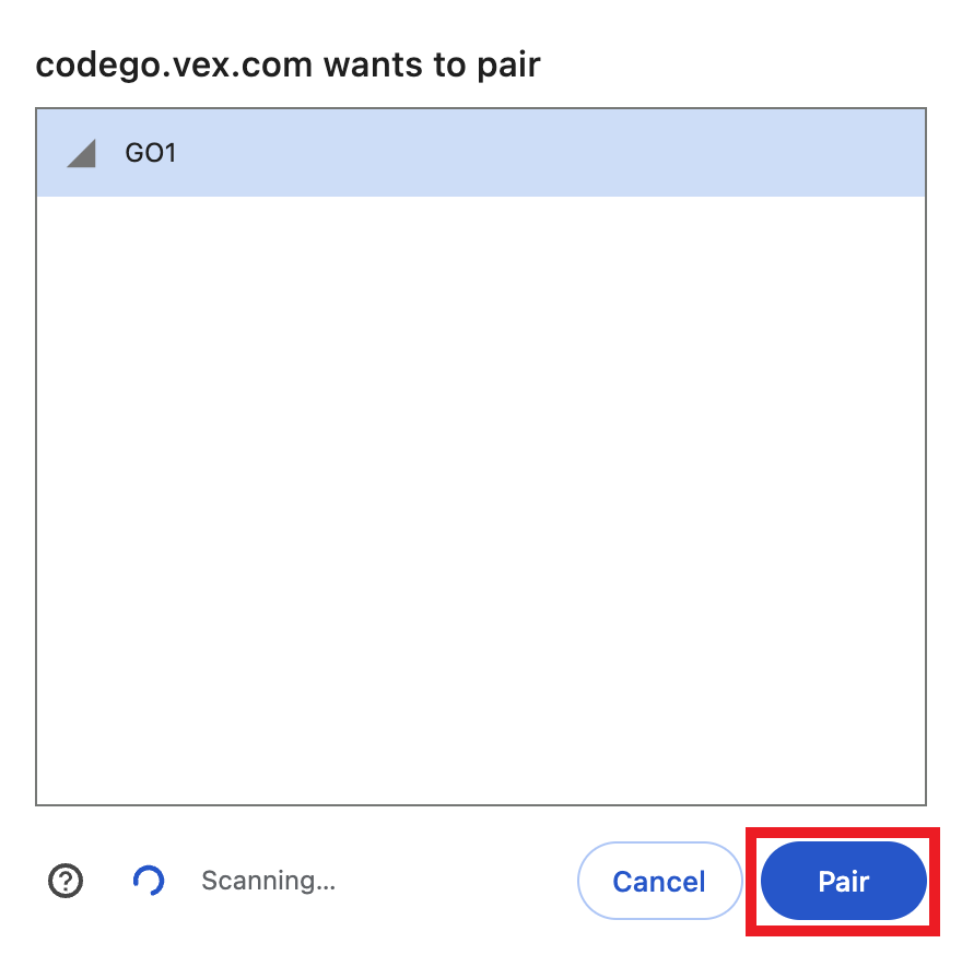 Dialogue box open to select the GO Brain to connect to. The Brain in the device list has been selected, and the Pair button below is highlighted.