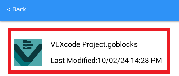 Previously saved VEXcode GO project is visible from the device's files and is highlighted.