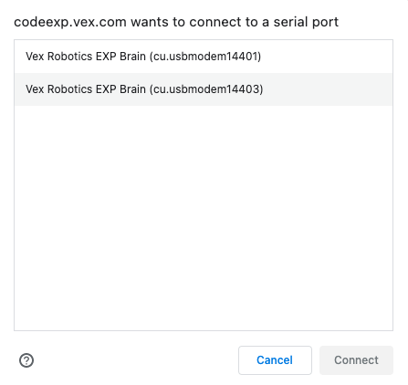 Chrome device connection window is open with two listed items. Both items read VEX Robotics EXP Brain, but they have different connection IDs.