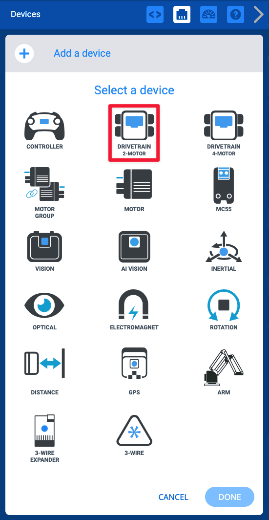 The options for Devices to be added are shown, and the top reads Select a Device. The Drivetrain 2-motor option is in the center of the top row of options, between Controller and Drivetrain 4-Motor.