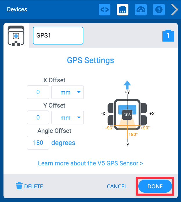 The GPS Sensor configuration window showing the X and Y offsets for the sensor set to 0 mm and the angle offset set to 180 degrees. The Done button in the bottom right is highlighted with a red outline.