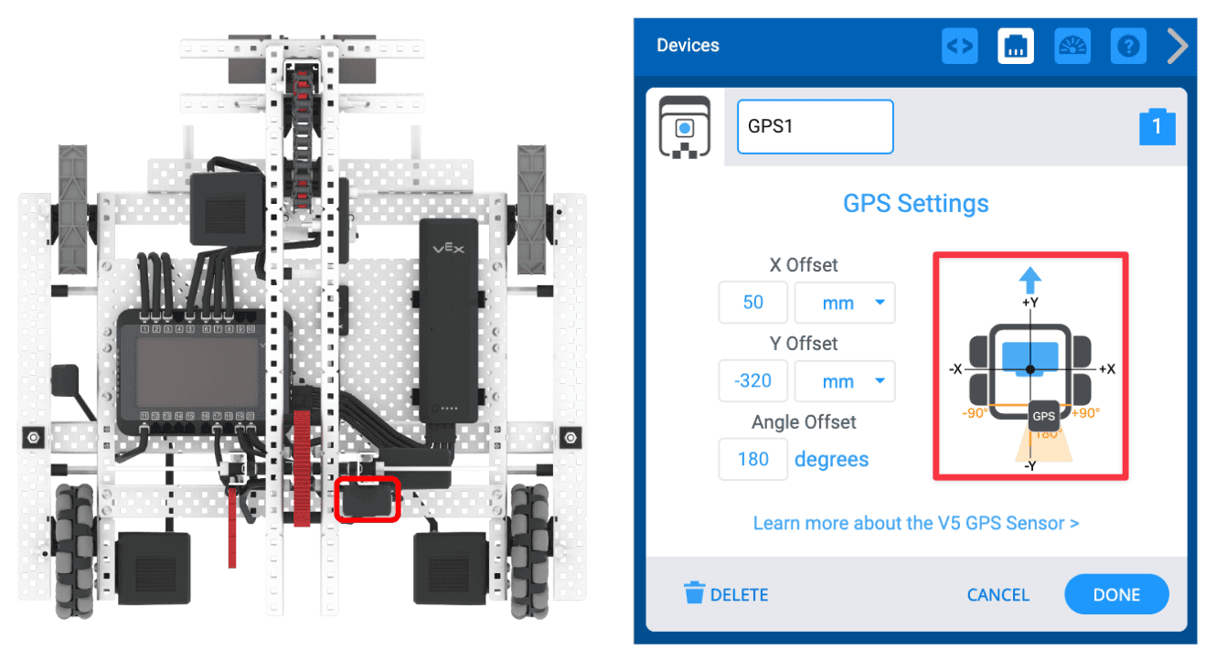 The GPS Configuration window in the devices window with a red rectangle highlighting the image of a smaller robot on the right side of the configuration window. The image of the smaller robot's GPS sensor has changed with the modified GPS offsets, matching Axel's GPS Sensor position.