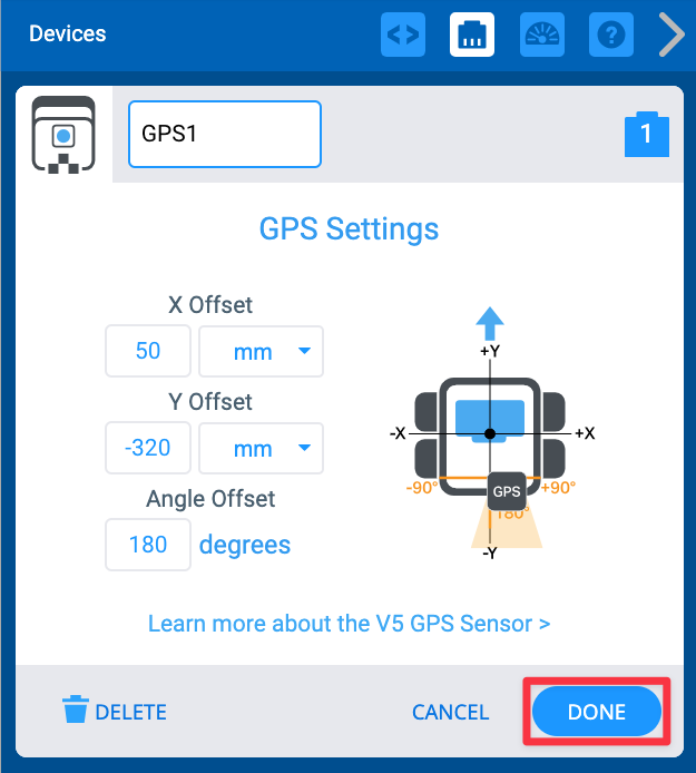 The GPS Configuration window in the devices window with all configuration changes made. The X offset reads 50 mm. The Y offset reads -320mm. The angle offset reads 180 degrees. The Done button is highlighted in red.