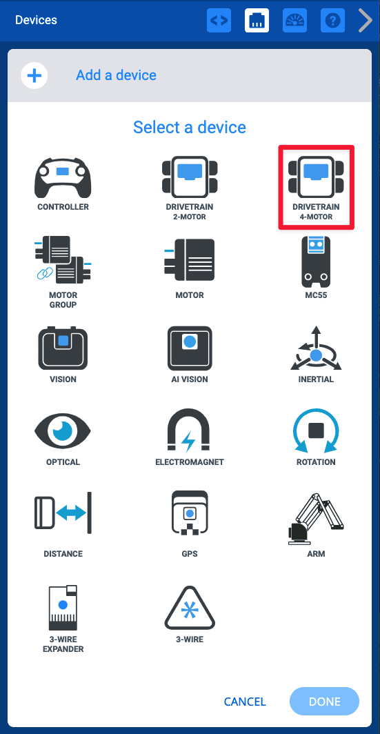 The options for Devices to be added are shown, and the top reads Select a Device. The Drivetrain 4-motor option is the third in the top row of options, after Controller and Drivetrain 2-Motor.