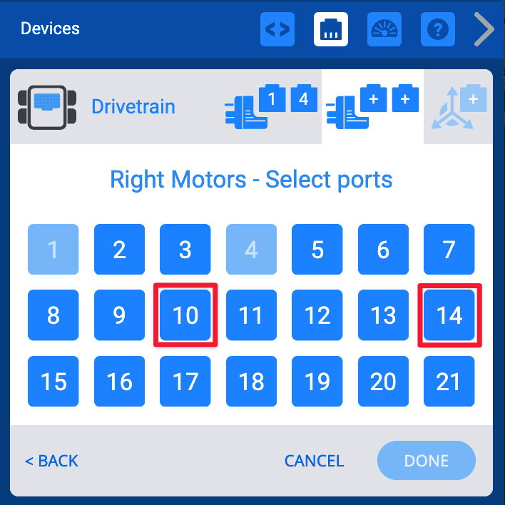 The port selection window reads Right Motors Select Ports at the top and shows options for ports 1-21 in three rows of 7 buttons with 1 in the upper left corner. Ports 10 and 14 are highlighted with a red box.