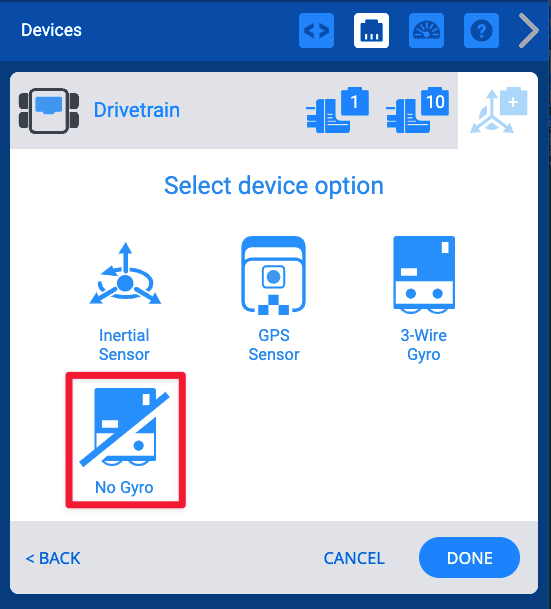 The Drivetrain configuration window reads Select device option at the top and shows icons for the Inertial Sensor, GPS Sensor, 3 Wire Gyro, and No Gyro options. No Gyro is highlighted with a red box.