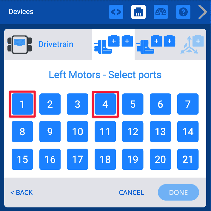 The port selection window reads Left Motors Select Ports at the top and shows options for ports 1-21 in three rows of 7 buttons with 1 in the upper left corner. Ports 1 and 4 are highlighted with a red box.