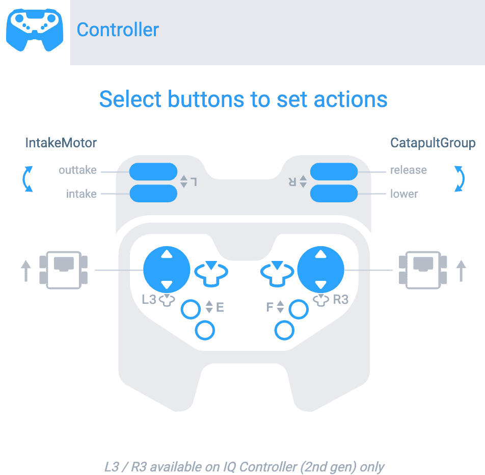 Menu du périphérique VEXcode IQ avec les options du contrôleur ouvertes, permettant de modifier les commandes. Le mode de conduite par défaut est celui du char, les boutons d'épaule gauche contrôlent le moteur d'admission et les boutons d'épaule droit contrôlent le groupe de catapultes.