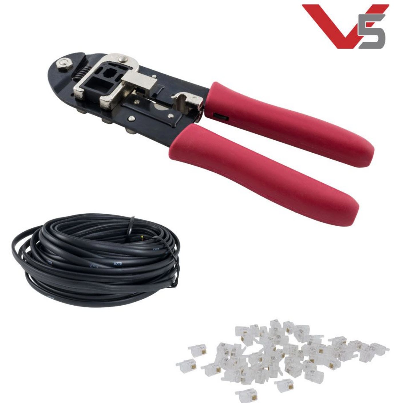 Intelligentes Kabel-Kit für die Einrichtung der V5-Arbeitszelle in der beruflichen und technischen Ausbildung mit verschiedenen Kabeln und Anschlüssen, angeordnet für einfachen Zugriff und Installation.