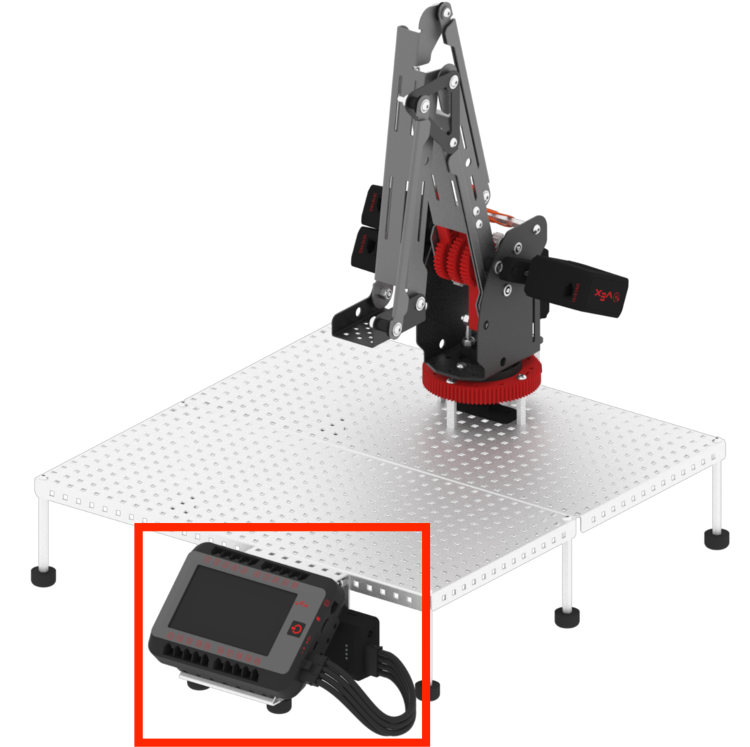 Diagramma che illustra la configurazione del V5 Workcell, caratterizzato da una configurazione con cervello e batteria, utilizzato nell'istruzione professionale e tecnica per applicazioni di robotica.
