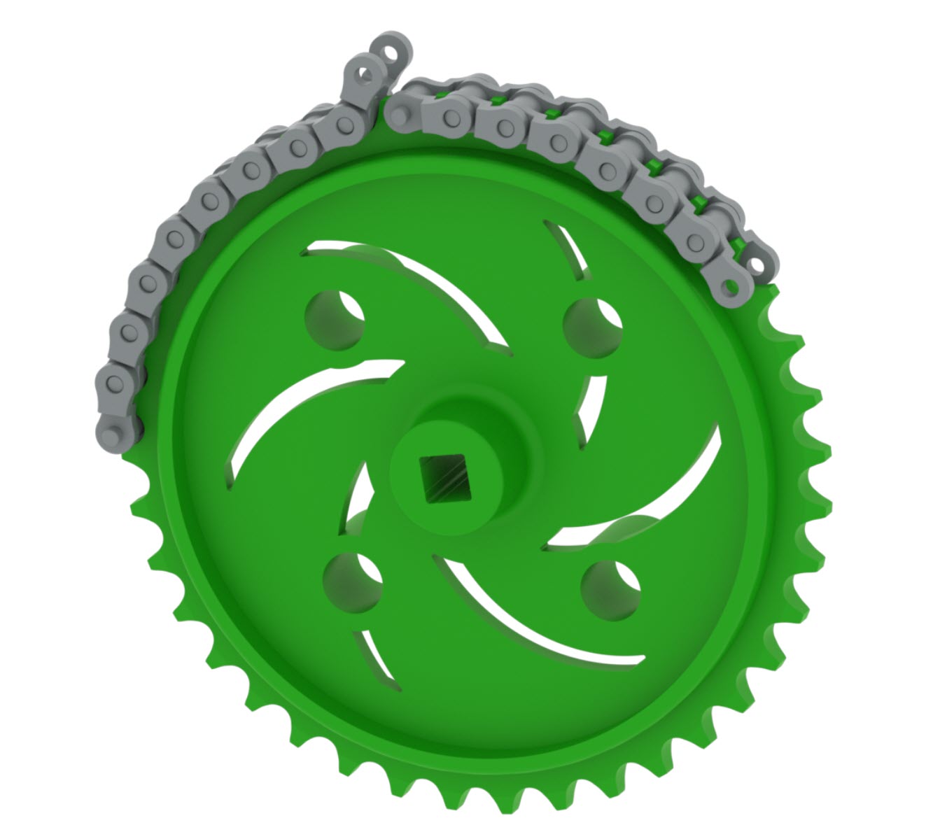 Close-upbeeld van een tandwiel- en kettingconstructie die wordt gebruikt in de V5 Workcell-opstelling voor beroeps- en technisch onderwijs. Ter illustratie worden de mechanische componenten van robotica getoond.