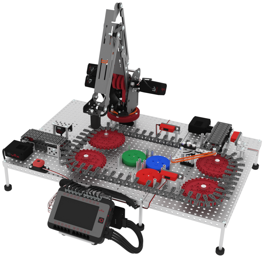 Schéma illustrant la configuration d'une cellule de travail V5 pour l'enseignement professionnel et technique, montrant les composants et leur disposition pour une fonctionnalité optimale dans un environnement de laboratoire.