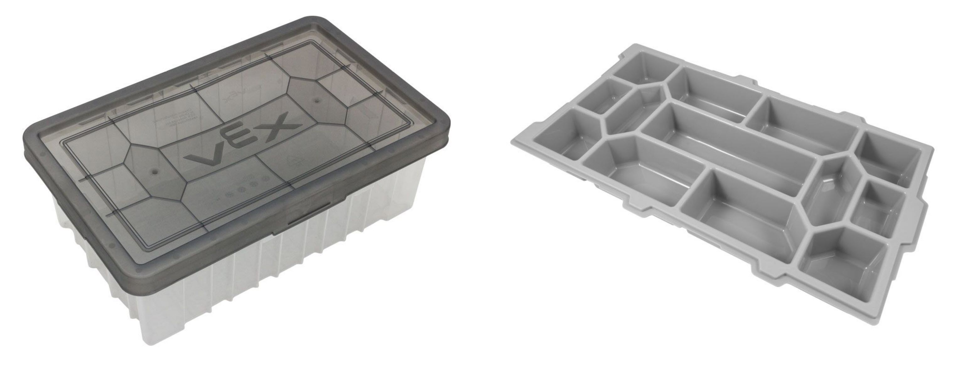 Imagem de um sistema de armazenamento de bandejas e compartimentos projetado para o V5 Workcell, ilustrando soluções organizacionais para ambientes de educação profissional e técnica.