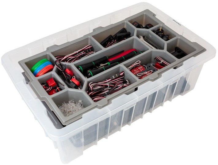 Diagrama do V5 Workcell Storage para componentes elétricos, ilustrando a organização e o layout para educação profissional e técnica, destacando soluções de armazenamento para gerenciamento eficiente do espaço de trabalho.