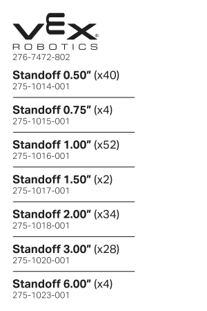 Das Bild zeigt verschiedene Teile, die in der Standoff Bag für V5 Workcell Storage enthalten sind, Teil der CTE-Ressourcen (Career and Technical Education).