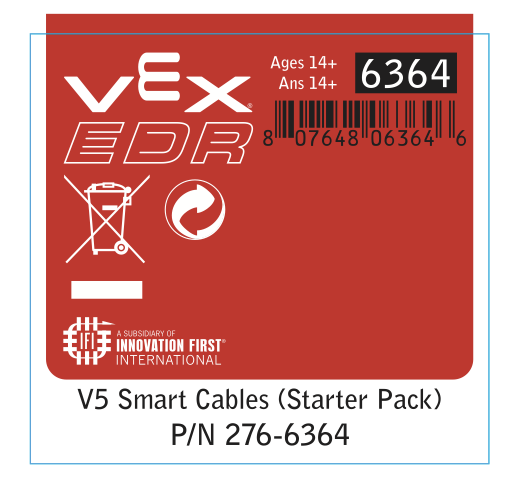 V5 Smart Cables Starter Pack -komponentit näkyvät, mukaan lukien erilaiset kaapelit ja liittimet, jotka on suunniteltu käytettäväksi CTE-asetuksissa (Career and Technical Education) erityisesti V5 Workcell Storagea varten.