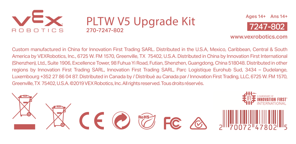 Du komponentai iš PLTW V5 atnaujinimo rinkinio, rodomi kartu V5 Workcell Storage, skirto karjerai ir techniniam išsilavinimui, kontekste.