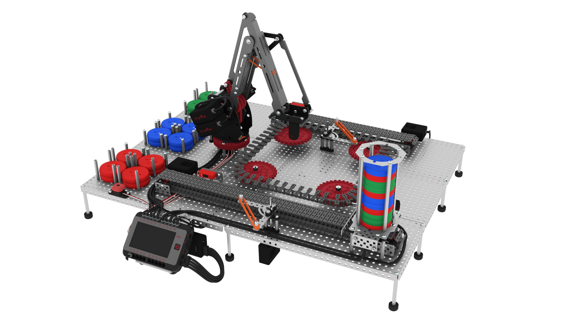 แผนภาพแสดงการตั้งค่า V5 Workcell สำหรับการศึกษาด้านอาชีวศึกษาและเทคนิค โดยเน้นที่ส่วนประกอบสำคัญและการจัดเตรียมเพื่อการสอนและการเรียนรู้ที่มีประสิทธิภาพ