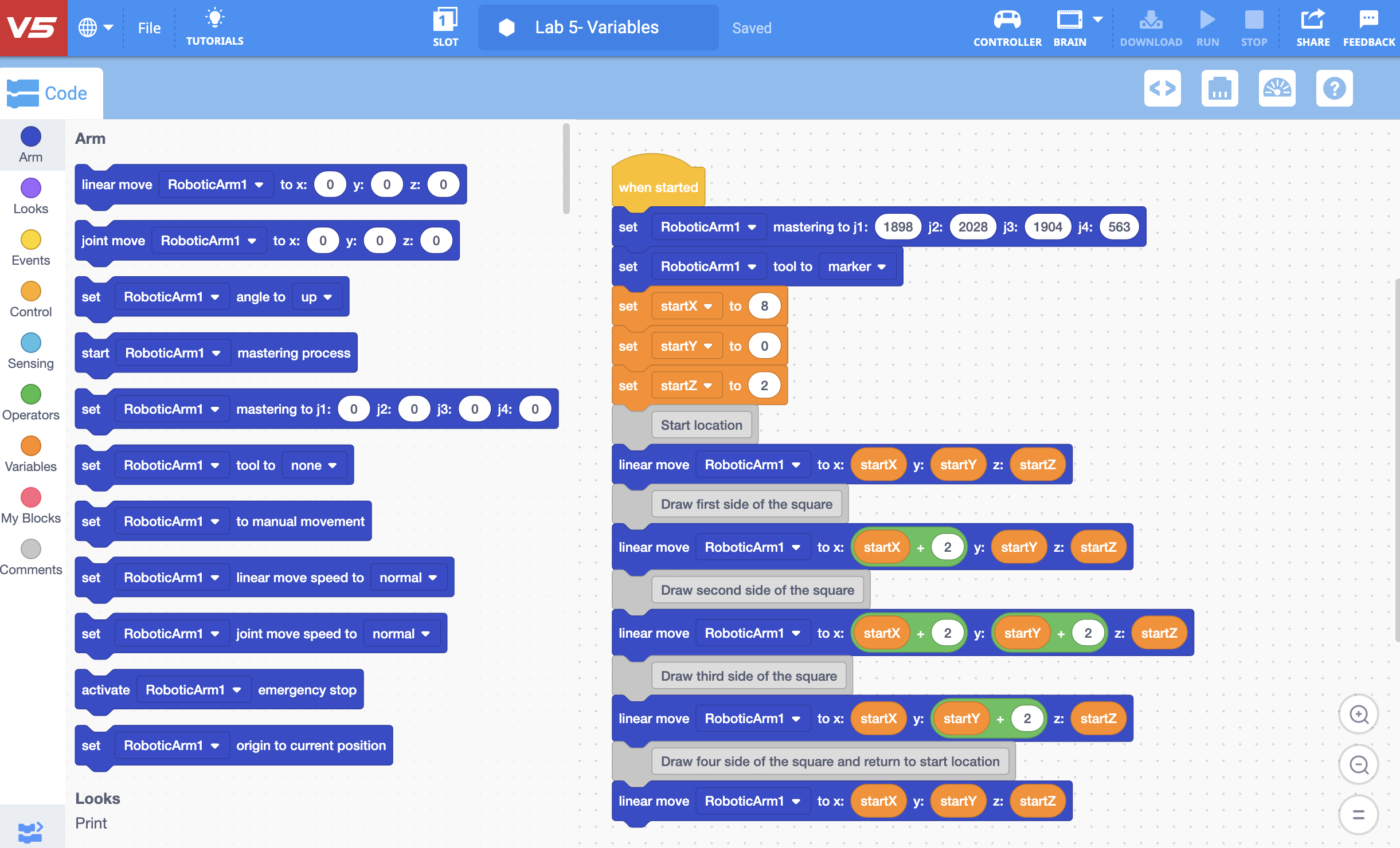 Screenshot der VEXcode V5-Schnittstelle, die Programmierfunktionen für die V5 Workcell demonstriert, die in der beruflichen und technischen Bildung zum Unterrichten von Robotik- und Automatisierungskonzepten verwendet wird.