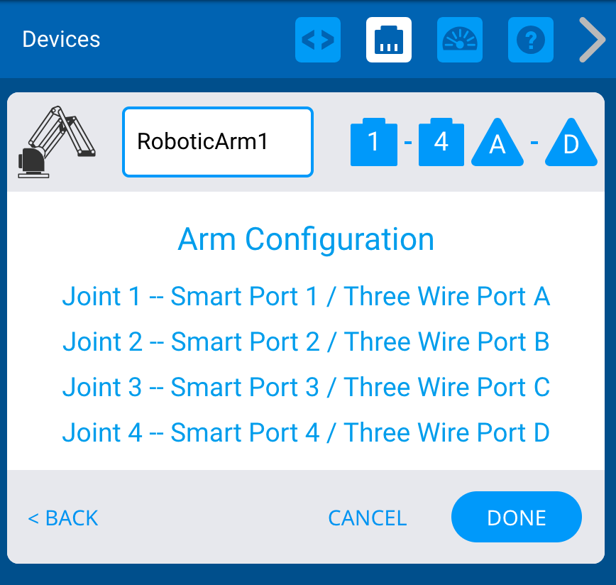 CTE および VEXcode プログラミングに関連するさまざまなジョイントと位置を示す、VEX ロボットのアームの構成を示す図。