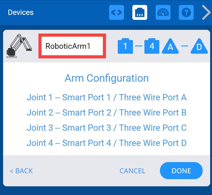 Ein Roboterarm mit mehreren Gelenken und einem Greifer, dessen Design und Funktionalität in einem VEX-Robotik-Lernkontext demonstriert werden und der Konzepte im Zusammenhang mit beruflicher und technischer Bildung sowie VEXcode-Programmierung veranschaulicht.