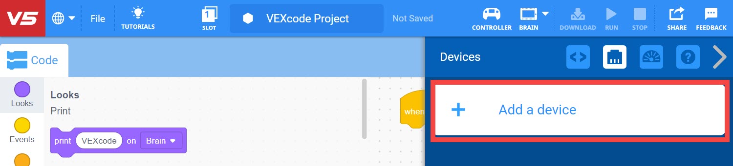 „VEXcode“ sąsajos ekrano kopija, kurioje parodytas įrenginio pridėjimo procesas su įvairiomis parinktimis ir nustatymais, susijusiais su CTE (karjeros ir techninio išsilavinimo) projektais.