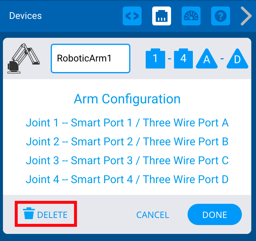 Icono que representa la función de eliminación en VEXcode, utilizado en el contexto de la Educación Profesional y Técnica (CTE) para indicar la eliminación de elementos dentro del software.