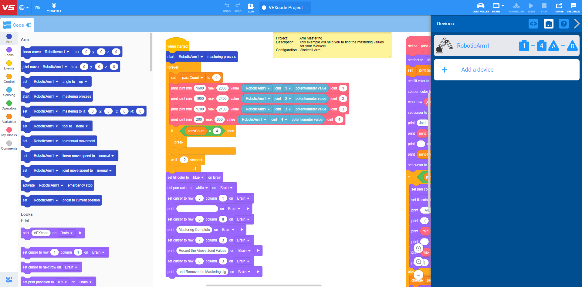 Captura de pantalla de la interfaz VEXcode que muestra los bloques de programación para aplicaciones CTE (Educación Profesional y Técnica), destacando las características y herramientas disponibles para que los usuarios creen y administren el código.
