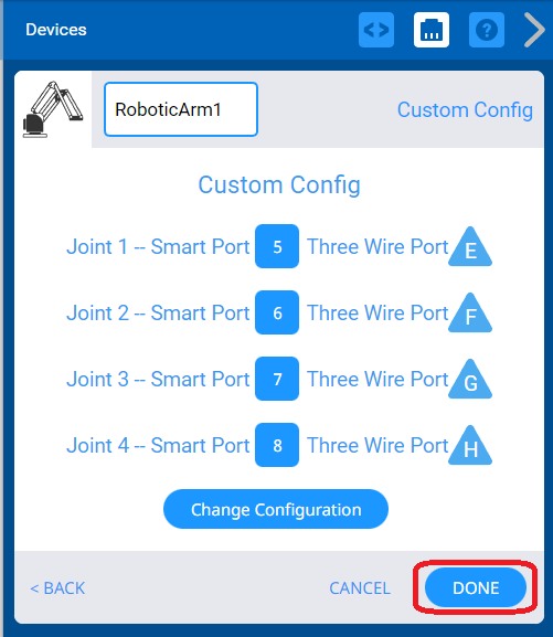 Screenshot der VEXcode-Schnittstelle, die Programmierblöcke für CTE-Anwendungen (Career and Technical Education) anzeigt und die Funktionen und Tools hervorhebt, die den Benutzern zum Erstellen und Ändern von Code zur Verfügung stehen.
