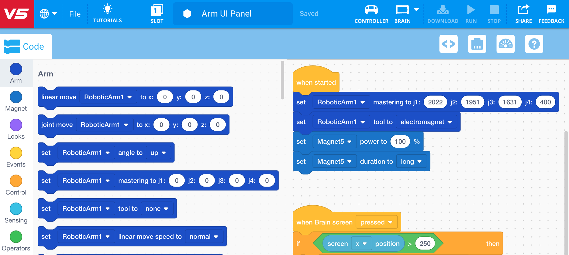 Screenshot der VEXcode-Schnittstelle, die Programmierblöcke für den Abschnitt CTE (Career and Technical Education) anzeigt und die für Benutzer verfügbaren Funktionen und Optionen veranschaulicht.