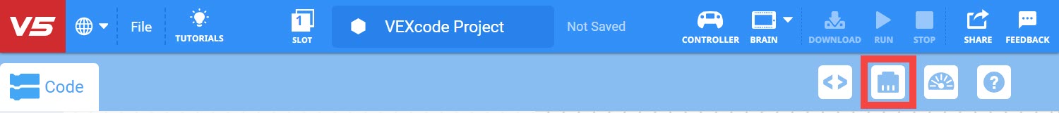 VEXcode 設備按鈕介面顯示職業和技術教育 (CTE) 設定中機器人教育的各種程式選項和控制。