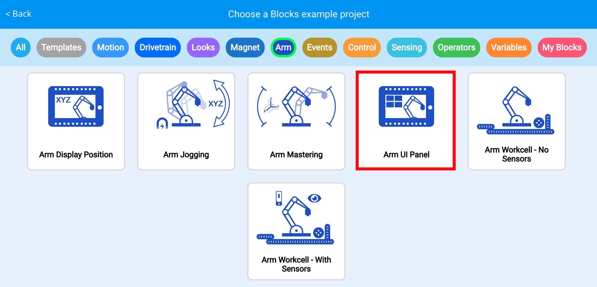 Captura de pantalla del panel de interfaz de usuario de VEXcode, que muestra varias opciones de programación y herramientas para aplicaciones de CTE (Educación Profesional y Técnica).