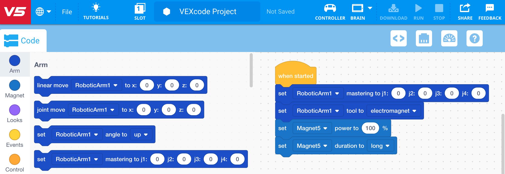 „VEXcode“ atidaryto „Arm UI“ skydelio ekrano kopija, kurioje rodomos įvairios valdymo parinktys ir nustatymai, skirti programuoti robotų rankas, susijusias su karjera ir techniniu išsilavinimu.