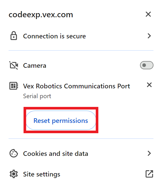 Ir atvērta Chrome vietnes informācijas nolaižamā izvēlne, kurā redzami vietnes codeexp.vex.com iestatījumi. Izvēlnē ir iezīmēta opcija Atiestatīt atļaujas.