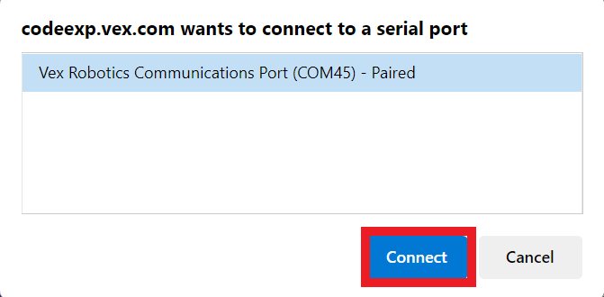 Microsoft Edge 장치 연결 창이 VEX Robotics Communications Port라는 항목과 함께 열려 있습니다. 아래에는 연결 버튼과 취소 버튼이 있으며, 연결 버튼이 강조 표시되어 있습니다.