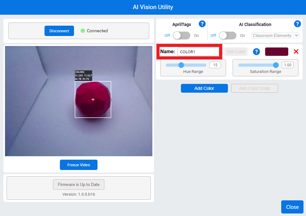 Väriallekirjoituksen nimi on korostettu osoittamaan, että sitä voidaan muuttaa valitsemalla se. Oletusarvoisesti nimi on COLOR1.